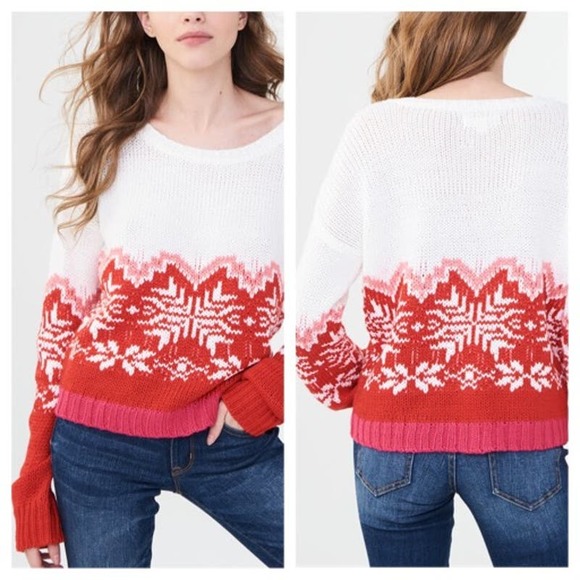 Aeropostle Fair Isle Snow Flak Red White Pink Boxy Cropped Sweater Size L - Picture 1 of 8